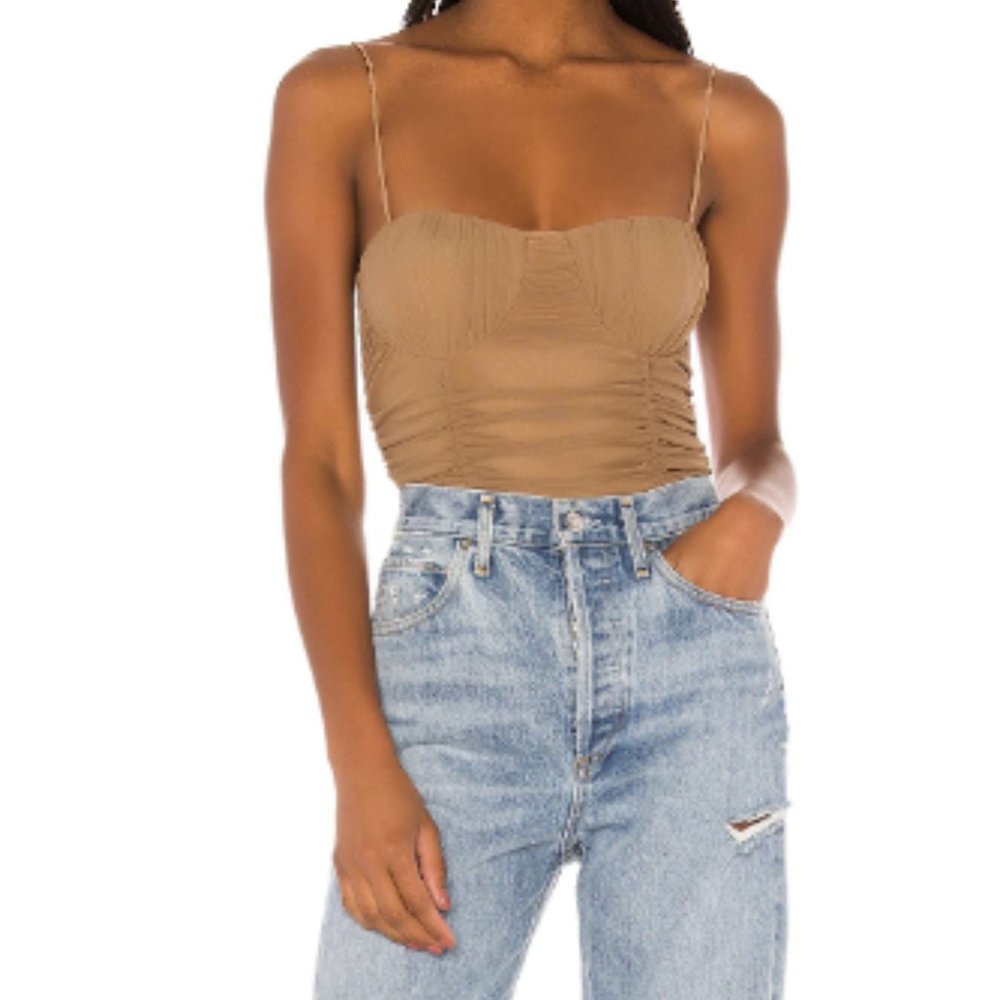 Lovers + Friends Tan Ruched Bustier Cami Bodysuit, Size S